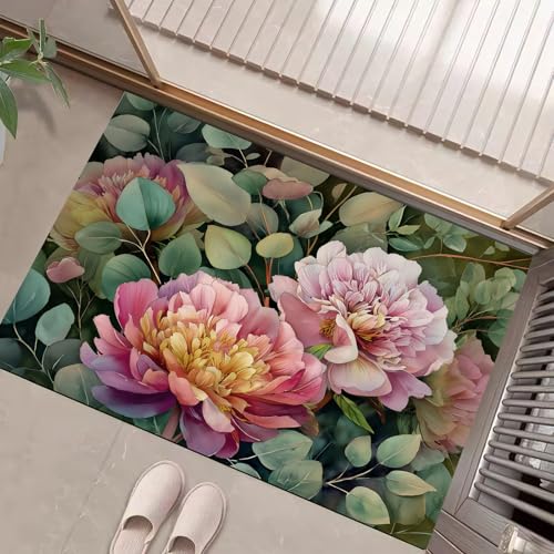 JEDTAKCT Teppiche Mit Pfingstrose Eukalyptusblätter, Vintage Pflanzen Teppich Weiche, Dunkelgrün rutschfeste Fußmatte Waschbarer Teppich Für Eingang Badezimmer Treppe Spielzimmer Fußmatte, 60X90Cm JEDTAKCT Teppiche Mit Pfingstrose Eukalyptusblätter, Vintage Pflanzen Teppich Weiche, Dunkelgrün rutschfeste Fußmatte Waschbarer Teppich Für Eingang Badezimmer Treppe Spielzimmer Fußmatte, 60X90Cm von JEDTAKCT