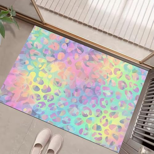 JEDTAKCT Teppiche Mit Regenbogen Leopard, Fantasy Tiere Teppich Weiche, Rosa Lila rutschfeste Fußmatte Waschbarer Teppich Für Eingang Badezimmer Treppe Spielzimmer Fußmatte, 90X150Cm von JEDTAKCT