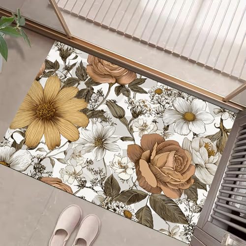 JEDTAKCT Teppiche Mit Rose Gänseblümchen, Vintage Pflanzen Teppich Weiche, Braun rutschfeste Fußmatte Waschbarer Teppich Für Eingang Badezimmer Treppe Spielzimmer Fußmatte, 90X150Cm JEDTAKCT Teppiche Mit Rose Gänseblümchen, Vintage Pflanzen Teppich Weiche, Braun rutschfeste Fußmatte Waschbarer Teppich Für Eingang Badezimmer Treppe Spielzimmer Fußmatte, 90X150Cm von JEDTAKCT