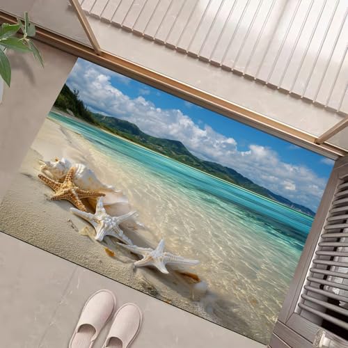 JEDTAKCT Teppiche Mit Seesternstrand, Berglandschaft Teppich Weiche, Türkis rutschfeste Fußmatte Waschbarer Teppich Für Eingang Badezimmer Treppe Spielzimmer Fußmatte, 80X120Cm von JEDTAKCT