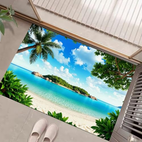 JEDTAKCT Teppiche Mit Tropischer Strand, Botanische Landschaft Teppich Weiche, Türkis rutschfeste Fußmatte Waschbarer Teppich Für Eingang Badezimmer Treppe Spielzimmer Fußmatte, 90X150Cm JEDTAKCT Teppiche Mit Tropischer Strand, Botanische Landschaft Teppich Weiche, Türkis rutschfeste Fußmatte Waschbarer Teppich Für Eingang Badezimmer Treppe Spielzimmer Fußmatte, 90X150Cm von JEDTAKCT