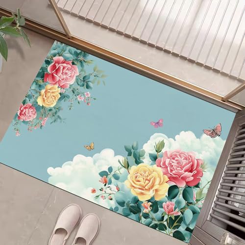 JEDTAKCT Teppiche Mit Vintage Rose, Schmetterling Pflanzen Teppich Weiche, Türkis rutschfeste Fußmatte Waschbarer Teppich Für Eingang Badezimmer Treppe Spielzimmer Fußmatte, 90X150Cm JEDTAKCT Teppiche Mit Vintage Rose, Schmetterling Pflanzen Teppich Weiche, Türkis rutschfeste Fußmatte Waschbarer Teppich Für Eingang Badezimmer Treppe Spielzimmer Fußmatte, 90X150Cm von JEDTAKCT