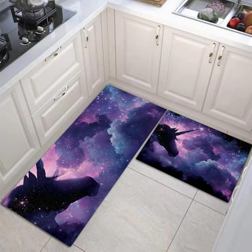 JEDTAKCT Tier Stern Ozean Küchenmatten 2Er Set, 44X75Cm+44X120Cm Küchenteppich Waschbar rutschfest, Küchenteppiche, Violett Küchenläufer Für Badezimmer Zuhause Büro (Fantasy Weltraum) von JEDTAKCT