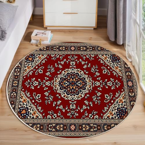JEDTAKCT Traditionell Geometrisch Teppich Rund 60 cm rutschfest Teppiche Wohnzimmer, Retro Floral Waschbar Teppiche Kurzflor Weich Runder Teppich Bordeauxrot for Schlafzimmer Studie Heimbüro von JEDTAKCT