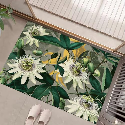 JEDTAKCT Tropische Passionsblume Fußmatte Innen Waschbar, Fussmatte Dünn Kurzflor, Kleiner Botanisch Poster Eingangsteppich, Bettvorleger rutschfest Für Ecke Küche, Dunkelgrün, 80X120Cm von JEDTAKCT