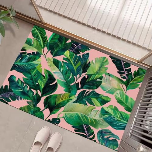 JEDTAKCT Tropisches Bananenblatt Fußmatte Innen Waschbar, Fussmatte Dünn Kurzflor, Kleiner Hawaiianische Pflanze Eingangsteppich, Bettvorleger rutschfest Für Ecke Küche, Smaragdgrün, 40X60Cm von JEDTAKCT