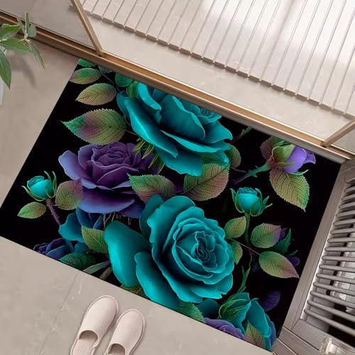 JEDTAKCT Türkis Waschbarer Teppich Fantasy Rose Muster 80X120Cm Botanische Ästhetik Eingangsbereich Modern Fußmatte Badezimmerteppich Weich rutschfest Kleiner Kurzflor Bad Schlafzimmer von JEDTAKCT