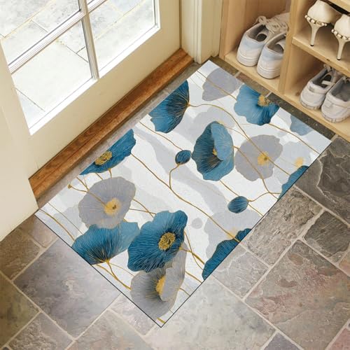 JEDTAKCT Türkis Waschbarer Teppich Goldfolien-Mohnblüten Muster 80X120Cm Vintage-Pflanzen Eingangsbereich Modern Fußmatte Badezimmerteppich Weich rutschfest Kleiner Kurzflor Bad Schlafzimmer von JEDTAKCT
