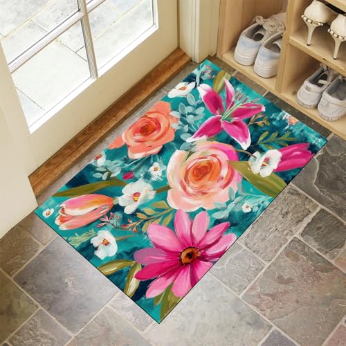 JEDTAKCT Türkis Waschbarer Teppich Rose Lilie Muster 60X90Cm Abstraktes Ölgemälde Eingangsbereich Modern Fußmatte Badezimmerteppich Weich rutschfest Kleiner Kurzflor Bad Schlafzimmer JEDTAKCT Türkis Waschbarer Teppich Rose Lilie Muster 60X90Cm Abstraktes Ölgemälde Eingangsbereich Modern Fußmatte Badezimmerteppich Weich rutschfest Kleiner Kurzflor Bad Schlafzimmer von JEDTAKCT