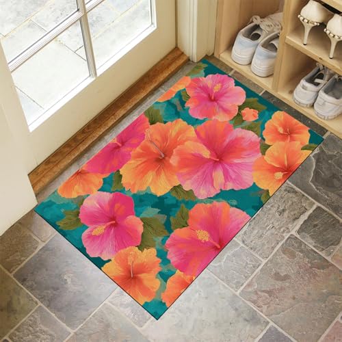 JEDTAKCT Türkis Waschbarer Teppich Tropischer Hibiskus Muster 50X80Cm Handgemalte Pflanzen Eingangsbereich Modern Fußmatte Badezimmerteppich Weich rutschfest Kleiner Kurzflor Bad Schlafzimmer von JEDTAKCT