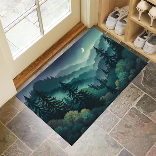 JEDTAKCT Türkis Waschbarer Teppich Waldberge Muster 80X120Cm Nachthimmellandschaft Eingangsbereich Modern Fußmatte Badezimmerteppich Weich rutschfest Kleiner Kurzflor Bad Schlafzimmer von JEDTAKCT