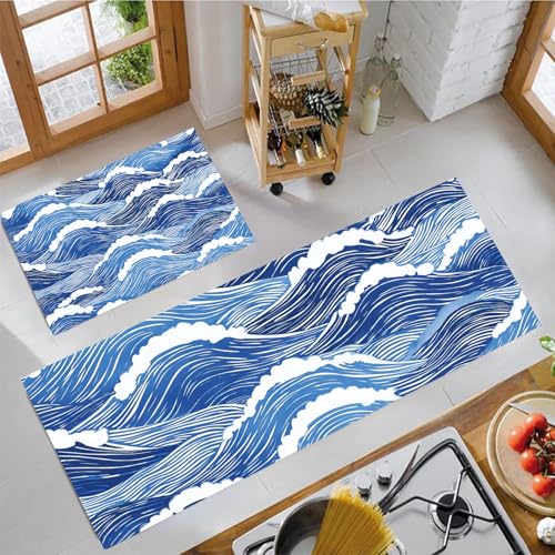 JEDTAKCT Ukiyo-E Wellen Küchenteppich Sets 2 Stück Flur Läufer Japanische Ästhetik Muster Teppichläufer Dunkelblau Küchenläufer Teppiche rutschfest Waschbar Für Bettvorleger 50X80Cm+50X150Cm von JEDTAKCT