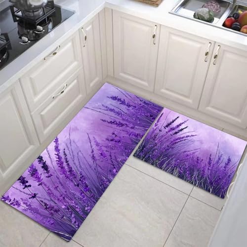 JEDTAKCT Verträumter Lavendel Küchenmatten 2Er Set, 40X60Cm+40X120Cm Küchenteppich Waschbar rutschfest, Küchenteppiche, Violett Küchenläufer Für Badezimmer Zuhause Büro (Aquarellblumen) von JEDTAKCT