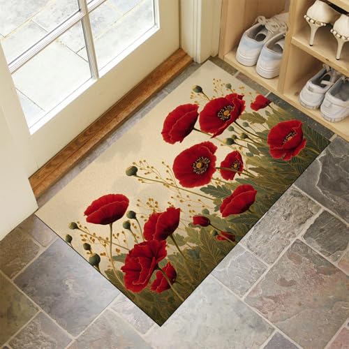 JEDTAKCT Vintage Mohn Fußmatte Teppich Viktorianische Pflanze Kurzflor Fussmatte Braun Türmatte rutschfest Waschbarer Retro Teppich Für Esszimmer Flur Eingangsbereich Fußabtreter 90X150Cm von JEDTAKCT