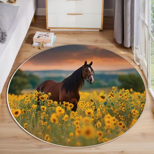 JEDTAKCT Vintage Pferd Teppich Rund 200 cm rutschfest Teppiche Wohnzimmer, Sonnenuntergang Sonnenblume Waschbar Teppiche Kurzflor Weich Runder Teppich Gelbgrün for Schlafzimmer Studie Heimbüro JEDTAKCT Vintage Pferd Teppich Rund 200 cm rutschfest Teppiche Wohnzimmer, Sonnenuntergang Sonnenblume Waschbar Teppiche Kurzflor Weich Runder Teppich Gelbgrün for Schlafzimmer Studie Heimbüro von JEDTAKCT