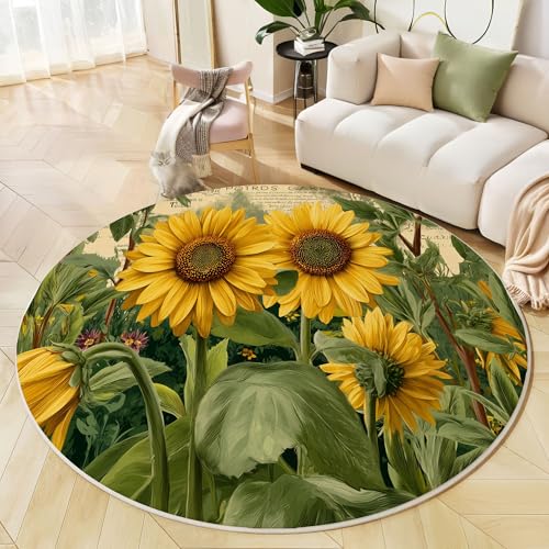 JEDTAKCT Vintage Sonnenblume Runder Teppiche, Waschbarer Teppich Rund 100 cm, Botanisch Poster Teppich Klein, Weich Kurzflor rutschfest, Dunkelgrün Teppiche Schlafzimmer Wohnzimmer Kinderzimmer JEDTAKCT Vintage Sonnenblume Runder Teppiche, Waschbarer Teppich Rund 100 cm, Botanisch Poster Teppich Klein, Weich Kurzflor rutschfest, Dunkelgrün Teppiche Schlafzimmer Wohnzimmer Kinderzimmer von JEDTAKCT