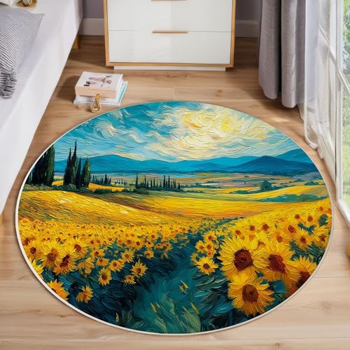 JEDTAKCT Vintage Sonnenblumenfeld Teppich, Waschbar 100 cm Runder Teppich Für Schlafzimmer, Ölgemälde Landschaft Kinderteppich, Rutschfester Kreis Weicher Türkis Für Schlafsaal Kinderzimmer Sofa von JEDTAKCT