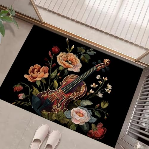JEDTAKCT Vintage Violine Fußmatte Teppich Blumenstickerei Kurzflor Fussmatte Schwarz Türmatte rutschfest Waschbarer Retro Teppich Für Esszimmer Flur Eingangsbereich Fußabtreter 60X90Cm von JEDTAKCT
