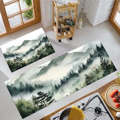 JEDTAKCT Waldberge Küchenteppich Sets 2 Stück Flur Läufer Aquarelllandschaft Muster Teppichläufer Dunkelgrün Küchenläufer Teppiche rutschfest Waschbar Für Bettvorleger 43X75Cm+43X150Cm JEDTAKCT Waldberge Küchenteppich Sets 2 Stück Flur Läufer Aquarelllandschaft Muster Teppichläufer Dunkelgrün Küchenläufer Teppiche rutschfest Waschbar Für Bettvorleger 43X75Cm+43X150Cm von JEDTAKCT