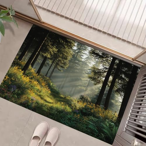 JEDTAKCT Waldgras Fußmatte Teppich Pflanzenlandschaft Kurzflor Fussmatte Olivgrün Türmatte rutschfest Waschbarer Retro Teppich Für Esszimmer Flur Eingangsbereich Fußabtreter 50X80Cm von JEDTAKCT