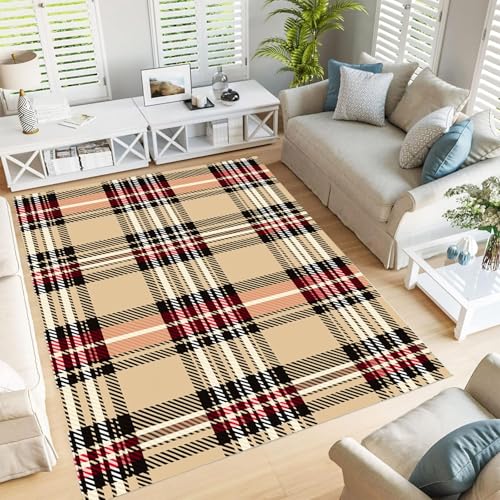 JEDTAKCT Waschbarer Tartan Teppich Wohnzimmer 120X180Cm, Weicher Kurzflor Teppiche Mit Bauernhaus Geometrisch, Rutschfester Unterseite – Großer Teppich Für Schlafzimmer Khaki von JEDTAKCT