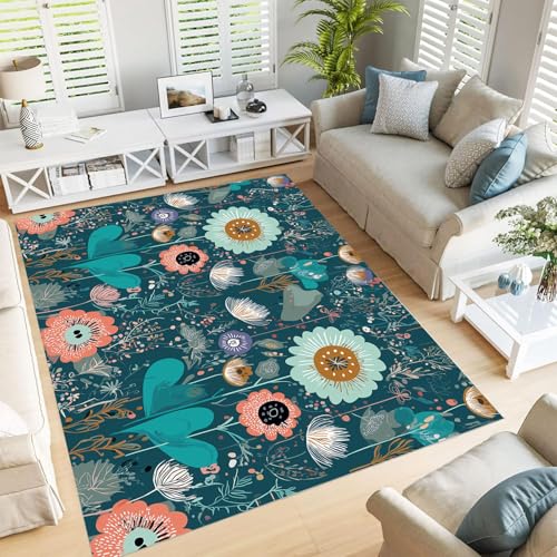 JEDTAKCT Waschbarer Vintage Forest Teppich Wohnzimmer 180X270Cm, Weicher Kurzflor Teppiche Mit Symmetrischer Garten, Rutschfester Unterseite – Großer Teppich Für Schlafzimmer Türkis von JEDTAKCT