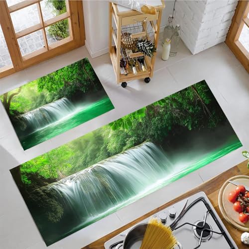 JEDTAKCT Wasserfälle Seen Küchenteppich Sets 2 Stück Flur Läufer Naturwald Muster Teppichläufer Smaragdgrün Küchenläufer Teppiche rutschfest Waschbar Für Bettvorleger 40X60Cm+40X120Cm von JEDTAKCT