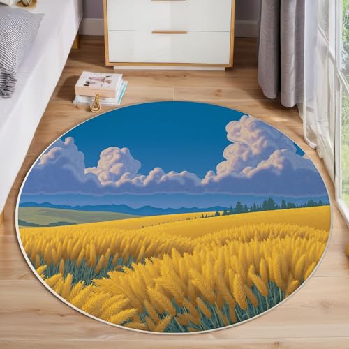 JEDTAKCT Weizenfeld Grasland Teppich, Waschbar 160 cm Runder Teppich Für Schlafzimmer, Landschaftsdarstellung Kinderteppich, Rutschfester Kreis Weicher Hellblau Für Schlafsaal Kinderzimmer Sofa von JEDTAKCT