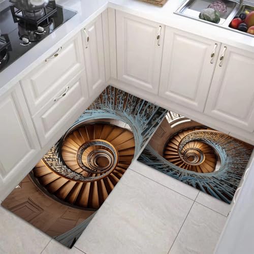 JEDTAKCT Wendeltreppe Küchenmatten 2Er Set, 44X75Cm+44X120Cm Küchenteppich Waschbar rutschfest, Küchenteppiche, Beige Küchenläufer Für Badezimmer Zuhause Büro (Retro-Gebäude) von JEDTAKCT