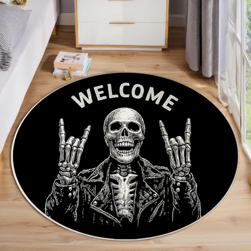 JEDTAKCT Willkommensbuchstaben Teppich, Waschbar 200 cm Runder Teppich Für Schlafzimmer, Punk-Totenkopf Kinderteppich, Rutschfester Kreis Weicher Schwarz Und Weiß Für Schlafsaal Kinderzimmer Sofa von JEDTAKCT