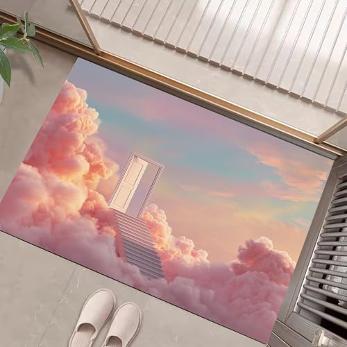 JEDTAKCT Zartrosa Waschbarer Teppich Wolkenmeer Treppen Muster 40X60Cm Verträumte Landschaft Eingangsbereich Modern Fußmatte Badezimmerteppich Weich rutschfest Kleiner Kurzflor Bad Schlafzimmer von JEDTAKCT