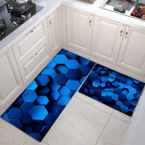 Küchenteppich Set 2 Stück 3D Einfaches Sechseck Rutschfeste Küchenmatte, Erster Schritt Zur Geometrie Waschbare Matten Teppiche Set, Teppich Läufer Für Flur Wohnraum (Dunkelblau, 43X75Cm+43X150Cm) von JEDTAKCT