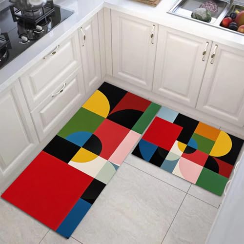 Küchenteppich Set 2 Stück Abstrakt Geometrisch Rutschfeste Küchenmatte, Einfach Mittelalterlich Waschbare Matten Teppiche Set, Teppich Läufer Für Flur Wohnraum (Schwarz Rot, 44X75Cm+44X120Cm) von JEDTAKCT