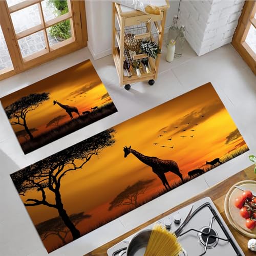 Küchenteppich Set 2 Stück Afrikanische Giraffe Rutschfeste Küchenmatte, Tiere Bei Sonnenuntergang Waschbare Matten Teppiche Set, Teppich Läufer Für Flur Wohnraum (Amber Orange, 50X80Cm+50X150Cm) von JEDTAKCT