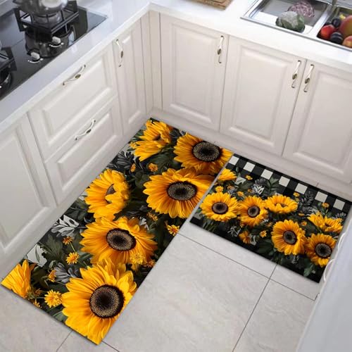 Küchenteppich Set 2 Stück Natürliche Sonnenblume Rutschfeste Küchenmatte, Schwarz-Weiß-Schachbrett Waschbare Matten Teppiche Set, Teppich Läufer Für Flur Wohnraum (Senfgelb, 43X75Cm+43X150Cm) von JEDTAKCT