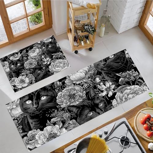 Küchenteppiche 2 Stück, Geheimnisvolle Schwarze Katze Rutschfest Dauerhaft Küchenläufer, Barockstilblumen Anti-Müdigkeit Teppich Flurläufer Für Küche Wohnzimmer, Schwarz Weiß, 43X75Cm+43X150Cm Küchenteppiche 2 Stück, Geheimnisvolle Schwarze Katze Rutschfest Dauerhaft Küchenläufer, Barockstilblumen Anti-Müdigkeit Teppich Flurläufer Für Küche Wohnzimmer, Schwarz Weiß, 43X75Cm+43X150Cm von JEDTAKCT
