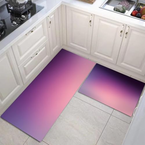 Küchenteppiche 2 Stück, Rutschfestes Küchenmatten, Lavendel Lila Küchenmatten Set Mit Farbverlauf Sonnenuntergang Für Badezimmer Wohnzimmer, Leicht Abwaschbar (Verträumt Einfach, 43X75Cm+43X150Cm) von JEDTAKCT