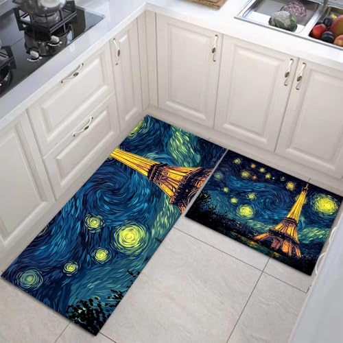 Küchenteppiche 2 Stück, Rutschfestes Küchenmatten, Marineblau Küchenmatten Set Mit Ölgemälde Eiffelturm Für Badezimmer Wohnzimmer, Leicht Abwaschbar (Abstrakter Sternenhimmel, 50X80Cm+50X150Cm) von JEDTAKCT