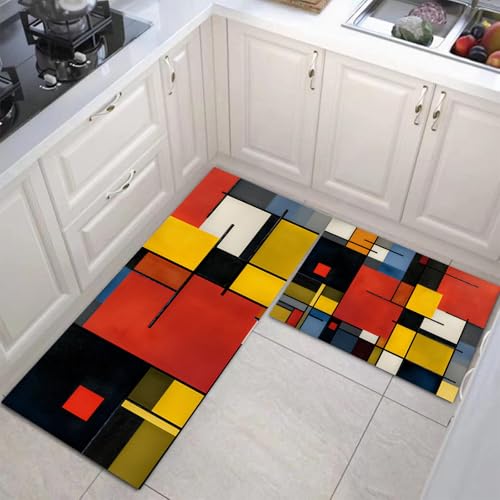 Küchenteppiche 2 Stück, Rutschfestes Küchenmatten, Rot Schwarz Küchenmatten Set Mit Handgezeichnete Geometrische Für Badezimmer Wohnzimmer, Leicht Abwaschbar (Abstrakte Kunst, 44X75Cm+44X120Cm) von JEDTAKCT