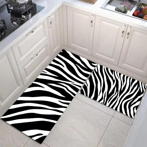 Küchenteppiche 2 Stück, Rutschfestes Küchenmatten, Schwarz Weiß Küchenmatten Set Mit Klassischer Zebradruck Für Badezimmer Wohnzimmer, Leicht Abwaschbar (Einfache Geometrie, 44X75Cm+44X120Cm) von JEDTAKCT