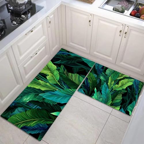Küchenteppiche 2 Stück, Rutschfestes Küchenmatten, Smaragdgrün Küchenmatten Set Mit Tropisches Bananenblatt Für Badezimmer Wohnzimmer, Leicht Abwaschbar (Botanischer Regenwald, 44X75Cm+44X120Cm) von JEDTAKCT