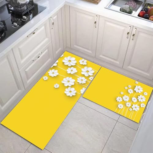 Küchenteppiche 2 Stück, Rutschfestes Küchenmatten, Zitronengelb Küchenmatten Set Mit 3D-Blumen-Papierausschnitt Für Badezimmer Wohnzimmer, Leicht Abwaschbar (Schlichtes Poster, 43X75Cm+43X150Cm) von JEDTAKCT
