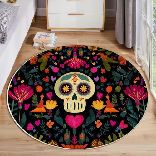 Mexikanischer Zuckerschädel Teppich Rund 160 Cm Rutschfest Teppiche Wohnzimmer, Niedliches Blumenmuster Waschbar Teppiche Kurzflor Weich Runder Teppich Schwarz For Schlafzimmer Studie Heimbüro Mexikanischer Zuckerschädel Teppich Rund 160 Cm Rutschfest Teppiche Wohnzimmer, Niedliches Blumenmuster Waschbar Teppiche Kurzflor Weich Runder Teppich Schwarz For Schlafzimmer Studie Heimbüro von JEDTAKCT