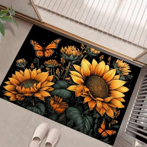 Orange Schwarz Waschbarer Teppich Schmetterling Sonnenblume Muster 50X80Cm Vintage Pflanzen Eingangsbereich Modern Fußmatte Badezimmerteppich Weich Rutschfest Kleiner Kurzflor Bad Schlafzimmer Orange Schwarz Waschbarer Teppich Schmetterling Sonnenblume Muster 50X80Cm Vintage Pflanzen Eingangsbereich Modern Fußmatte Badezimmerteppich Weich Rutschfest Kleiner Kurzflor Bad Schlafzimmer von JEDTAKCT