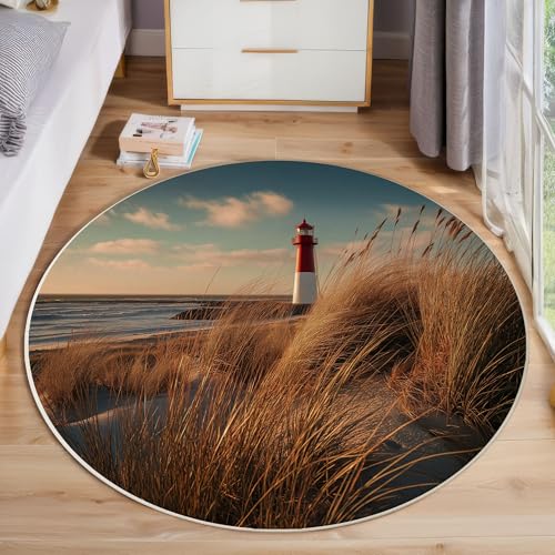 Reed Beach Runder Teppiche, Waschbarer Teppich Rund 200 cm, Vintage Leuchtturm Teppich Klein, Weich Kurzflor rutschfest, Braun Teppiche Schlafzimmer Wohnzimmer Kinderzimmer Reed Beach Runder Teppiche, Waschbarer Teppich Rund 200 cm, Vintage Leuchtturm Teppich Klein, Weich Kurzflor rutschfest, Braun Teppiche Schlafzimmer Wohnzimmer Kinderzimmer von JEDTAKCT