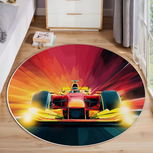 Rennplakat Teppich, Waschbar 100 cm Runder Teppich Für Schlafzimmer, Fantasy Ästhetik Kinderteppich, Rutschfester Kreis Weicher Orange Rot Für Schlafsaal Kinderzimmer Sofa von JEDTAKCT