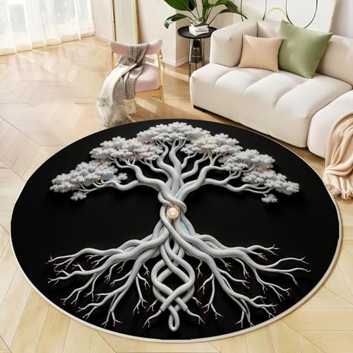 Runder Teppich 3D Baum des Lebens Waschbar rutschfest Teppich Fantasie Pflanzen Bedruckt Wohnzimmerteppich Rund 120 cm Flauschig Schwarz Weiß Teppiche Für Schlafzimmer Esszimmer Küche Runder Teppich 3D Baum des Lebens Waschbar rutschfest Teppich Fantasie Pflanzen Bedruckt Wohnzimmerteppich Rund 120 cm Flauschig Schwarz Weiß Teppiche Für Schlafzimmer Esszimmer Küche von JEDTAKCT