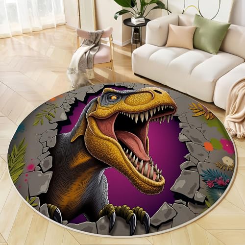 Runder Teppich Anthrazitgrau, Anti Rutsch Unterlage Waschbar Runder Läufer Mit Bedruckter 3D Tyrannosaurus Rex Pflanzen-Graffiti Für Schlafzimmer Flur Wohnzimmer Couchtisch Fußmatten, 100 cm Runder Teppich Anthrazitgrau, Anti Rutsch Unterlage Waschbar Runder Läufer Mit Bedruckter 3D Tyrannosaurus Rex Pflanzen-Graffiti Für Schlafzimmer Flur Wohnzimmer Couchtisch Fußmatten, 100 cm von JEDTAKCT