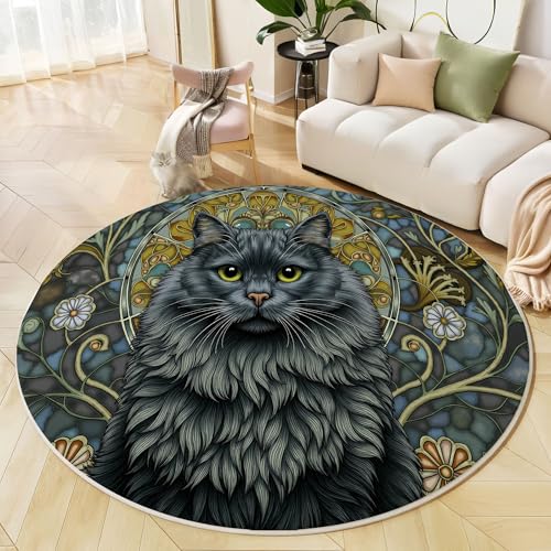Runder Teppich Anthrazitgrau, Anti Rutsch Unterlage Waschbar Runder Läufer Mit Bedruckter Fantasy Schwarze Katze Vintage Glas Floral Für Schlafzimmer Flur Wohnzimmer Couchtisch Fußmatten, 80 cm Runder Teppich Anthrazitgrau, Anti Rutsch Unterlage Waschbar Runder Läufer Mit Bedruckter Fantasy Schwarze Katze Vintage Glas Floral Für Schlafzimmer Flur Wohnzimmer Couchtisch Fußmatten, 80 cm von JEDTAKCT