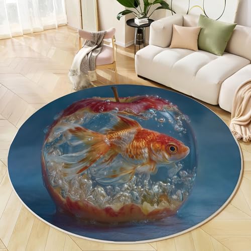 Runder Teppich Apfelgoldfisch Waschbar rutschfest Teppich Fantasy Poster Bedruckt Wohnzimmerteppich Rund 120 cm Flauschig Dunkelblau Teppiche Für Schlafzimmer Esszimmer Küche von JEDTAKCT